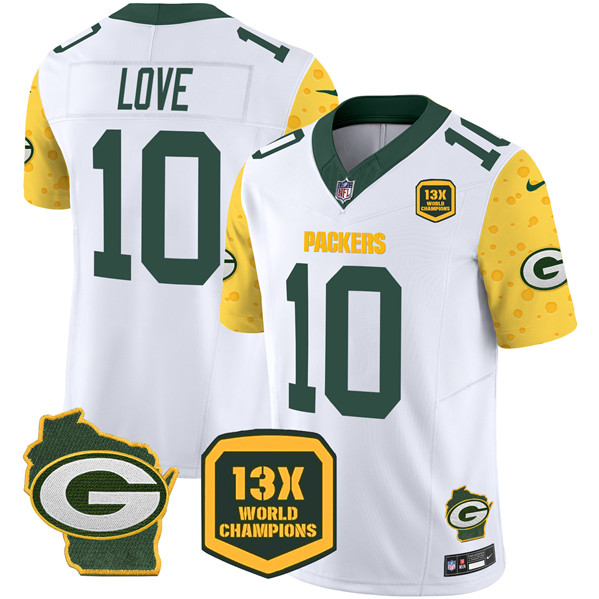 Men's Green Bay Packers #10 Jordan Love Cheese White 2024 F.U.S.E. 13 Time World Champions And Home Patch Vapor Untouchable Limited Stitched Football Jersey Men's Green Bay Packers #10 Jordan Love Cheese White 2024 F.U.S.E. 13 Time World Champions And Home Patch Vapor Untouchable Limited Stitched Football Jersey
